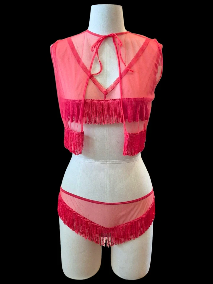 Vtg 60s/70s Sheer Red Fringe Lingerie Sz S Burlesque Gogo Pinup Sexy Mod Sissy  - Image 2 of 4