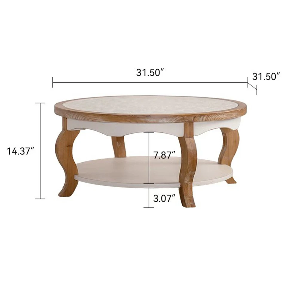 31.5'' Solid Wood Coffee Table French Style Round End Table with Tempered Glass - Image 2 of 4