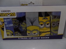 Minions Crew Socks 5 Pairs 5 Designs Size 6-12 Polyester NOS MIB