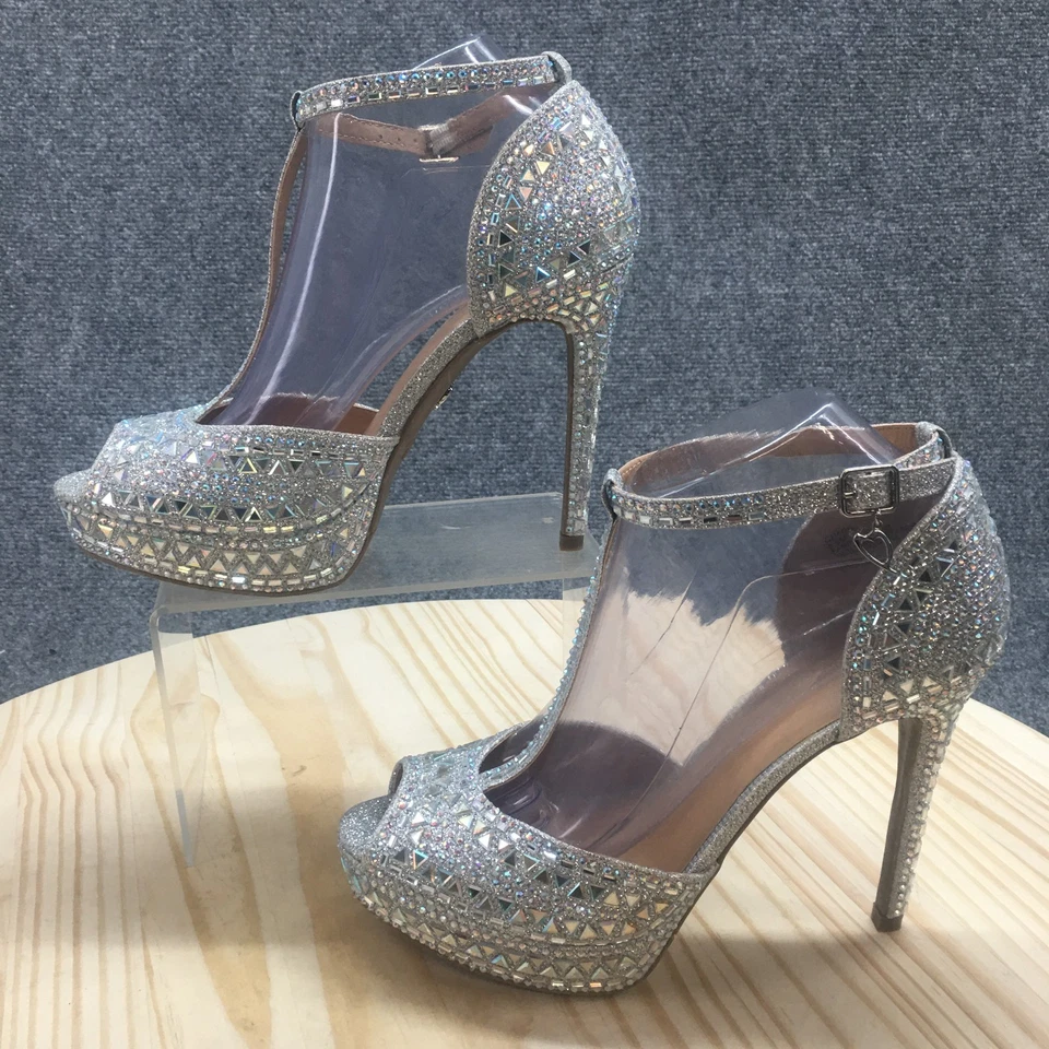 NUEVO Vestido de salón Thalia Sodi Tacones para mujer 8,5 M Chace Correa al tobillo Punta abierta Plateado Foto 2 de 4