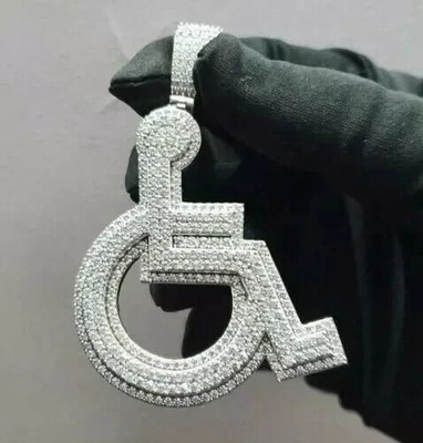 Men's 2Ct Real Moissanite Handicap Wheelchair Pendant 14K White Gold Plated 925