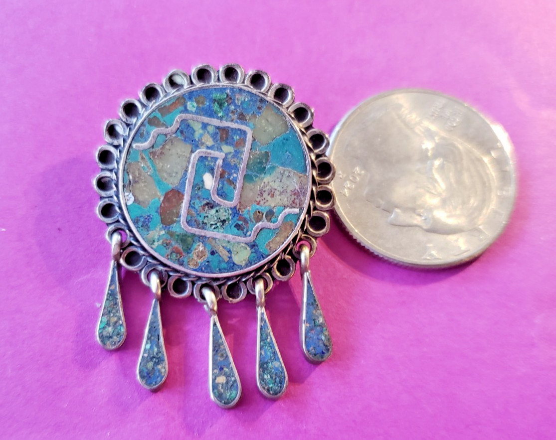 Native Sterling Crushed Turquoise Dangles Brooch/… - image 3