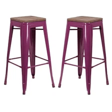 Home Square 30" Backless Metal Bar Stool in Purple and Wood Grain - Set of 2