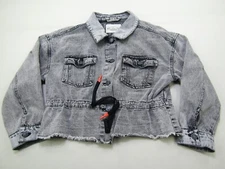 Ashley Vintage Charm Cropped Denim Jean Jacket Womens Small Acid Wash Moto Logo