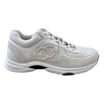 CHANEL 23S WHITE SUEDE AND TWEED TRAINERS SNEAKERS
