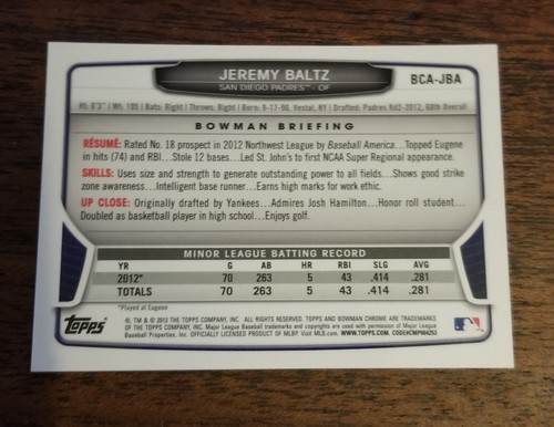 2013 Bowman Chrome Jeremy Baltz Padres RC Rookie AUTO - 第 2/2 張圖片