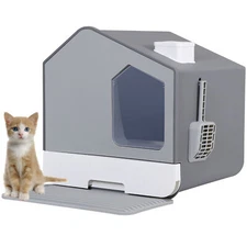 Extra Large Enclosed Cat Litter Box with Mat & Scoop Covered Hooded Cat Box Gray