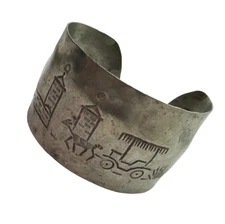 Vintage Stamped Metal Cuff Bracelet with Bullock Cart Ethnic Folk Art