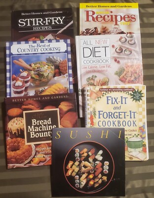 Lot Of 7 Cookbooks Sushi, Slow Cooker, Bread Machine, Diet, Stir Fry, Country