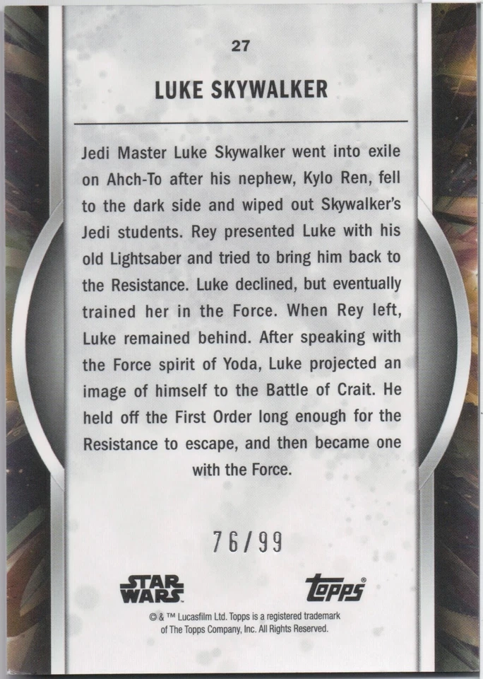 Star Wars Masterwork 2022, Luke Skywalker (27) Parallel Green Card #76/99 - Image 2 of 2