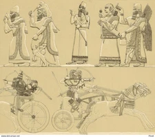 Albert Racinet Assyrie Assyrien Archer en Char Singes Guerrier Ailé - Lithograp