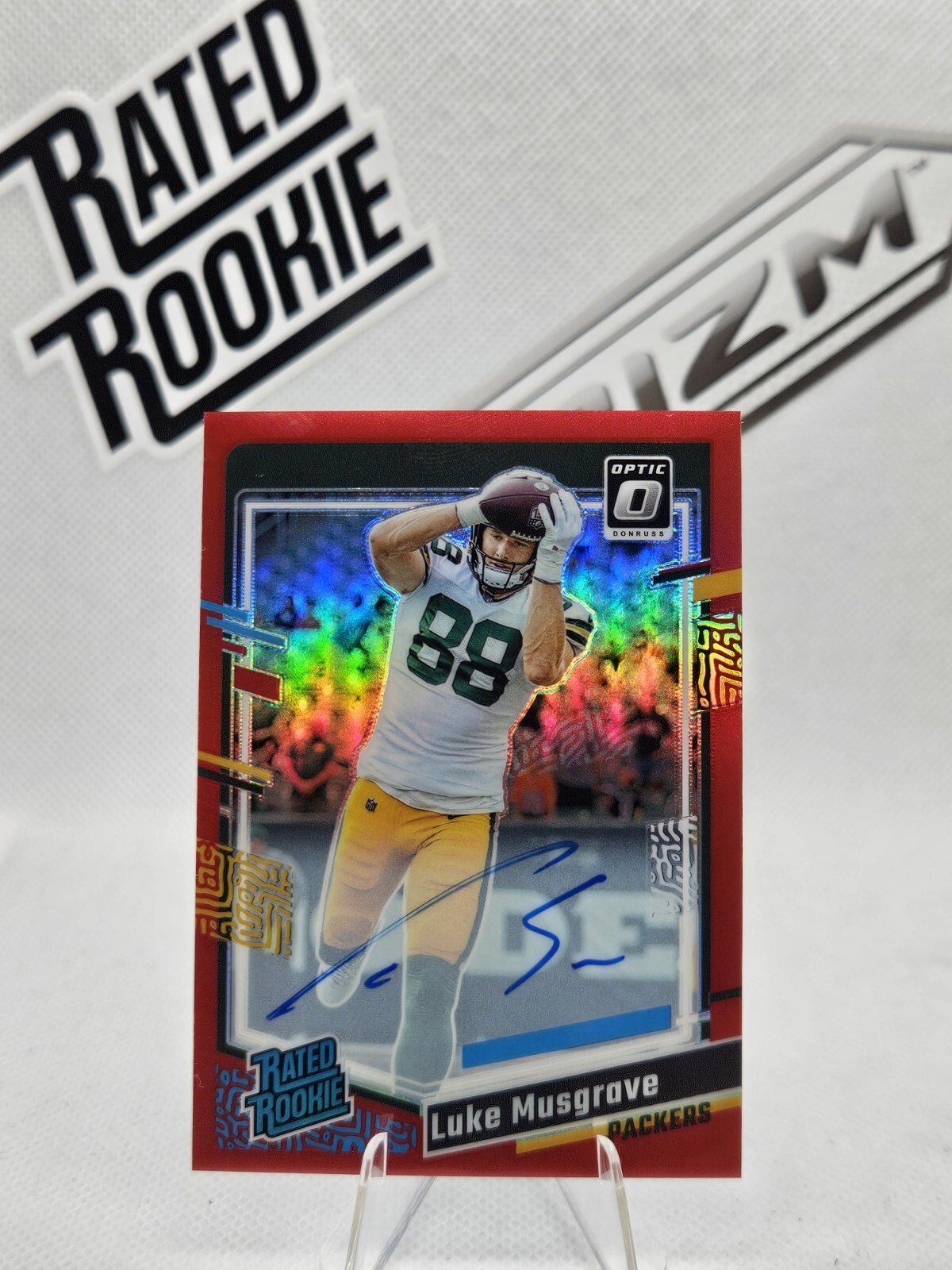 Luke Musgrave 2023 Optic #241 Red Prizm On-Card Auto SSP /75 Rookie RC Packers