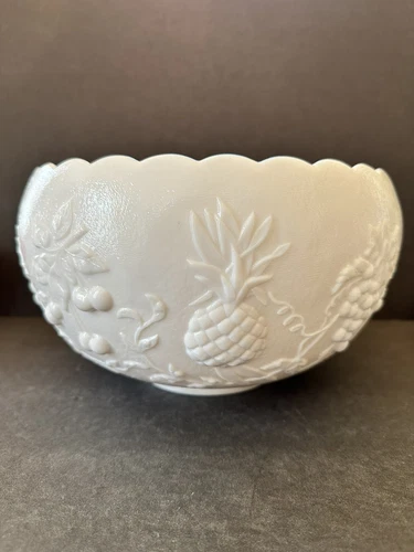 Vintage Westmoreland White Milk Glass Punch Bowl 3 Three Fruits