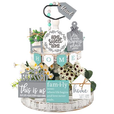 11-Piece Farmhouse Tiered Tray Decor Set Home Sweet Home Rustic Style