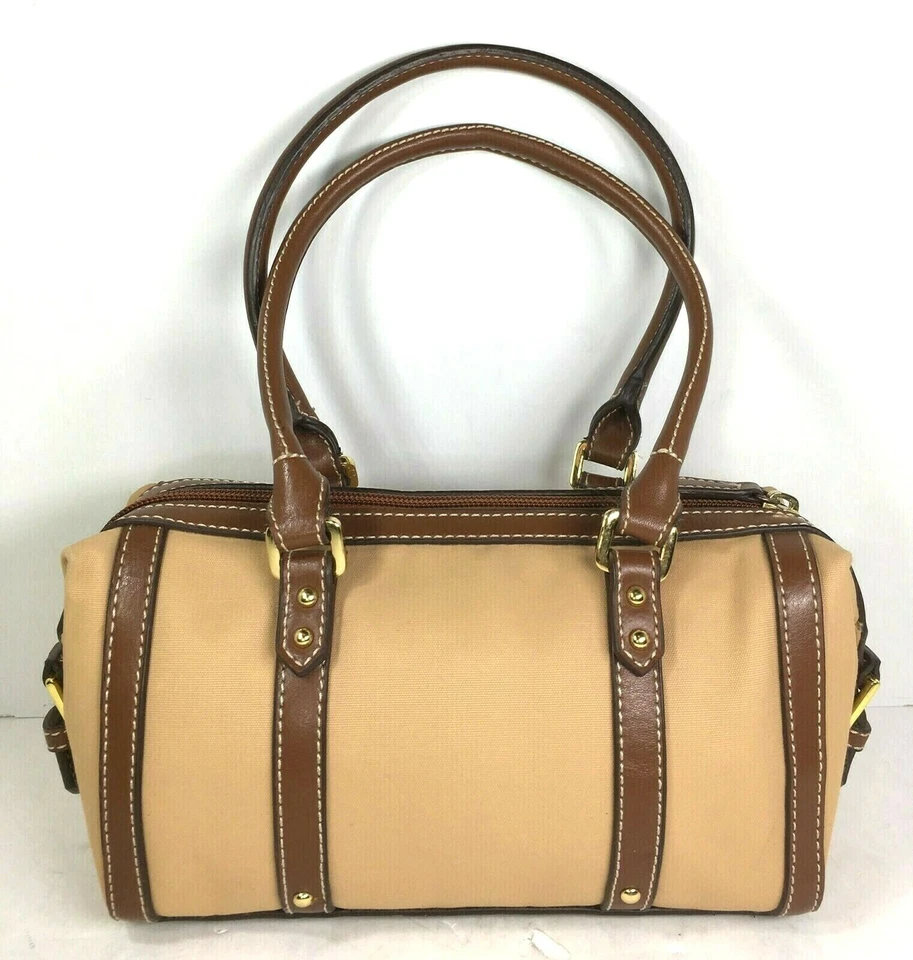 Bolso de Mano Etienne Aigner Mujer MINI Pequeño Beige Tela Marrón Imitación Cuero Borde Foto 2 de 4