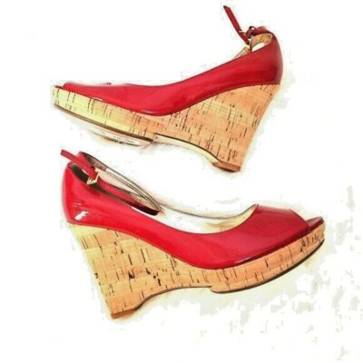 red patent leather wedge heels