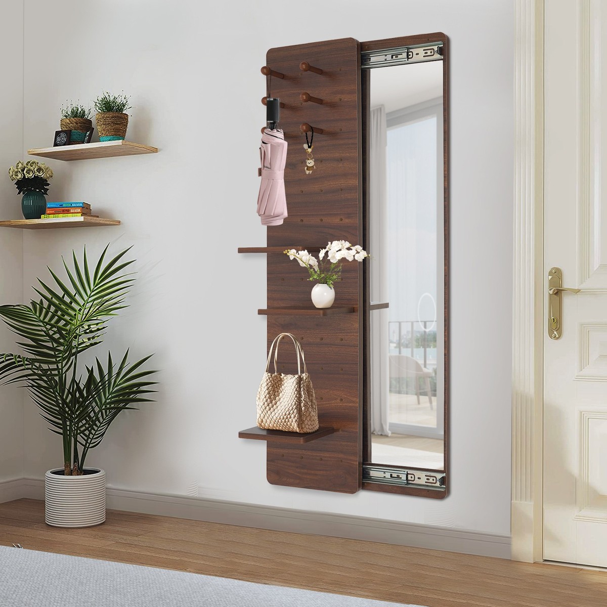 Hide Wall-mounted Full-length Dressing Mirror With Shelves Hooks And Slide Rail