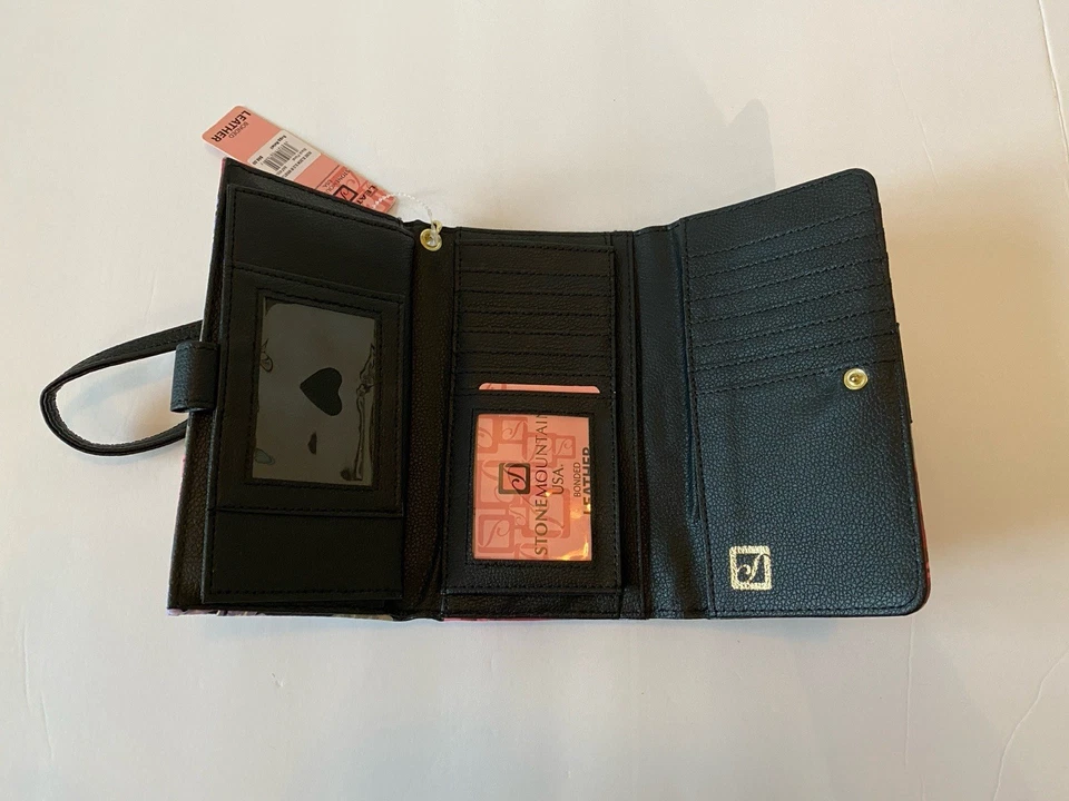 全新带标签 Stone Mountain Rose Bloom 黑色花卉皮革钱包带可拆卸表带 — 第 3/4 张图片