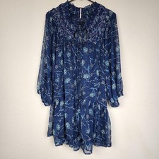 Free People Blue Floral Sheer Small Long Sleeve Dress