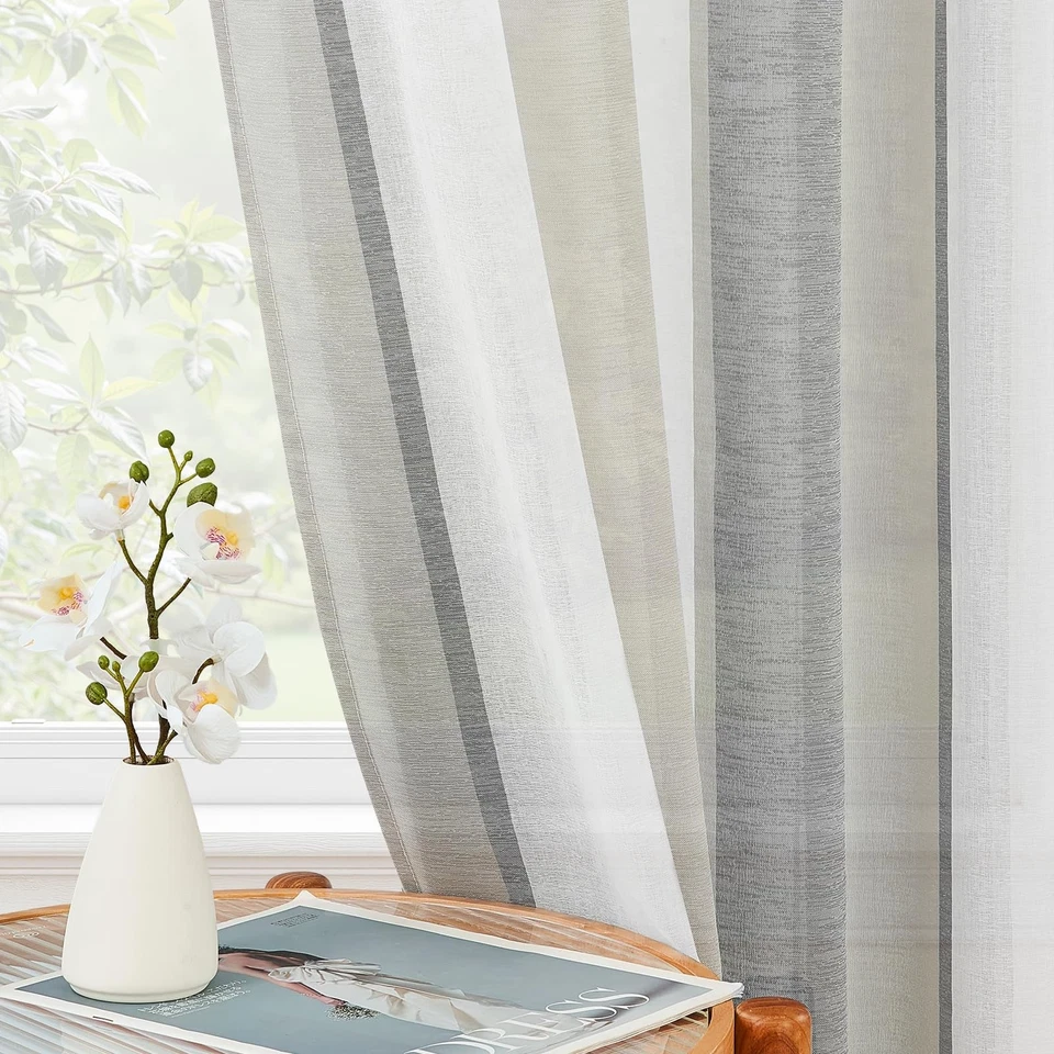 MRTREES Rideau sur Rail Rideau à Rayures en Voile Semi Transparent 140X225cm Lot - Photo 4/4