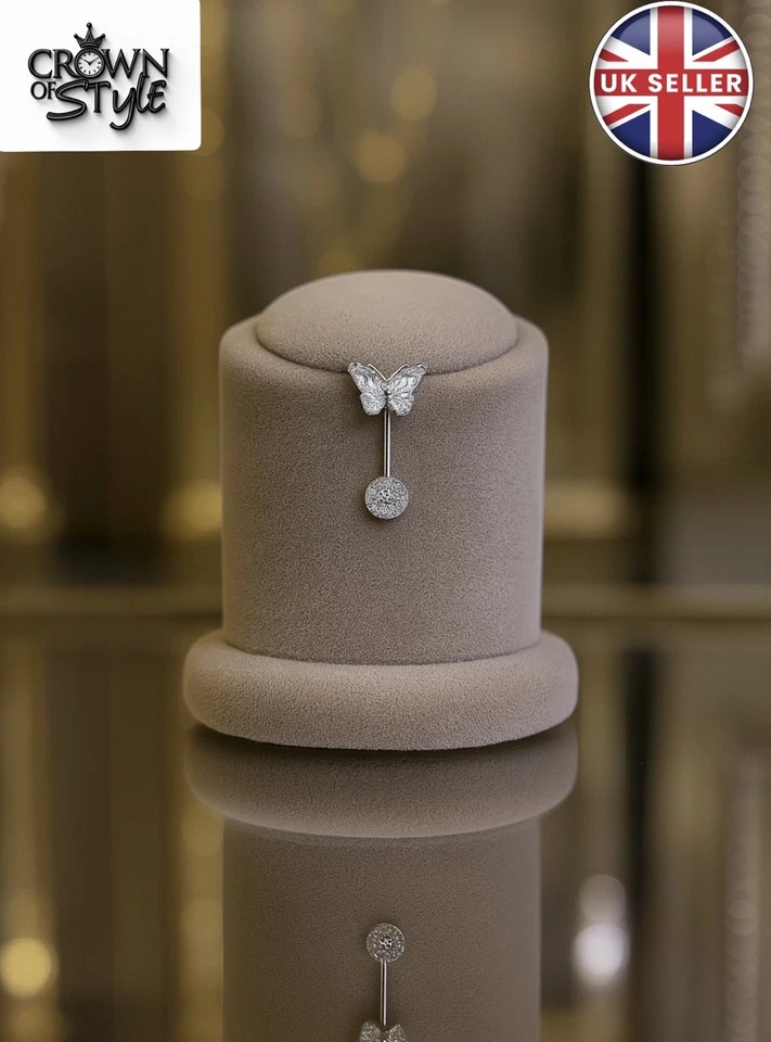 925 Sterling Silver Butterfly Belly Bar – Diamond CZ Navel Piercing Jewellery  - Image 4 of 4