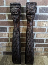 Pair Antique Carved Wood Griffin Columns Gothic Beasts Architectural Salvage