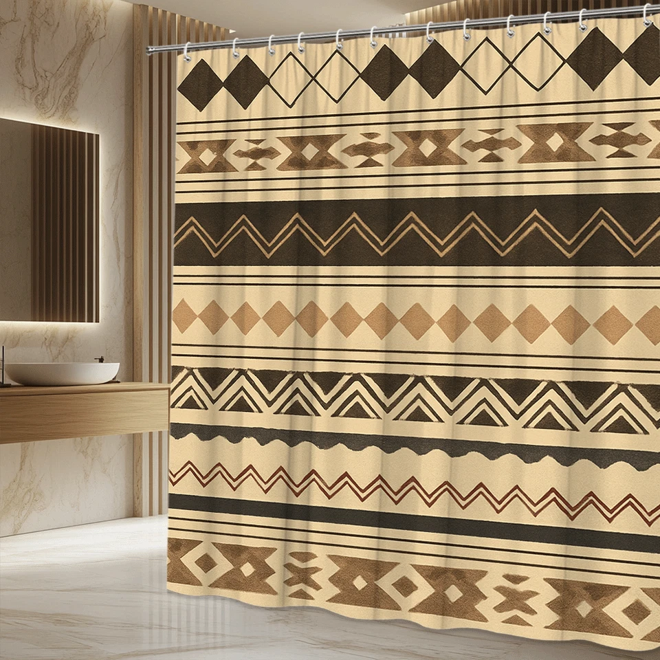 Cortina de Ducha Patrón Tribal - Diseño Boho Granja en Marrón y Crema Foto 4 de 4