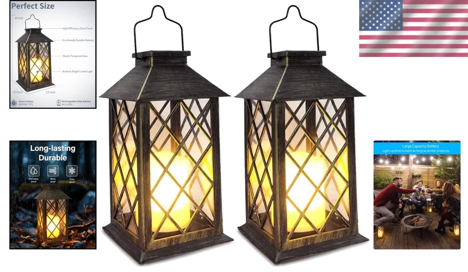 Stylish Outdoor Solar Lanterns - 2 Pack, Automatic LED Lights with Candle Effect - Image 2 of 4