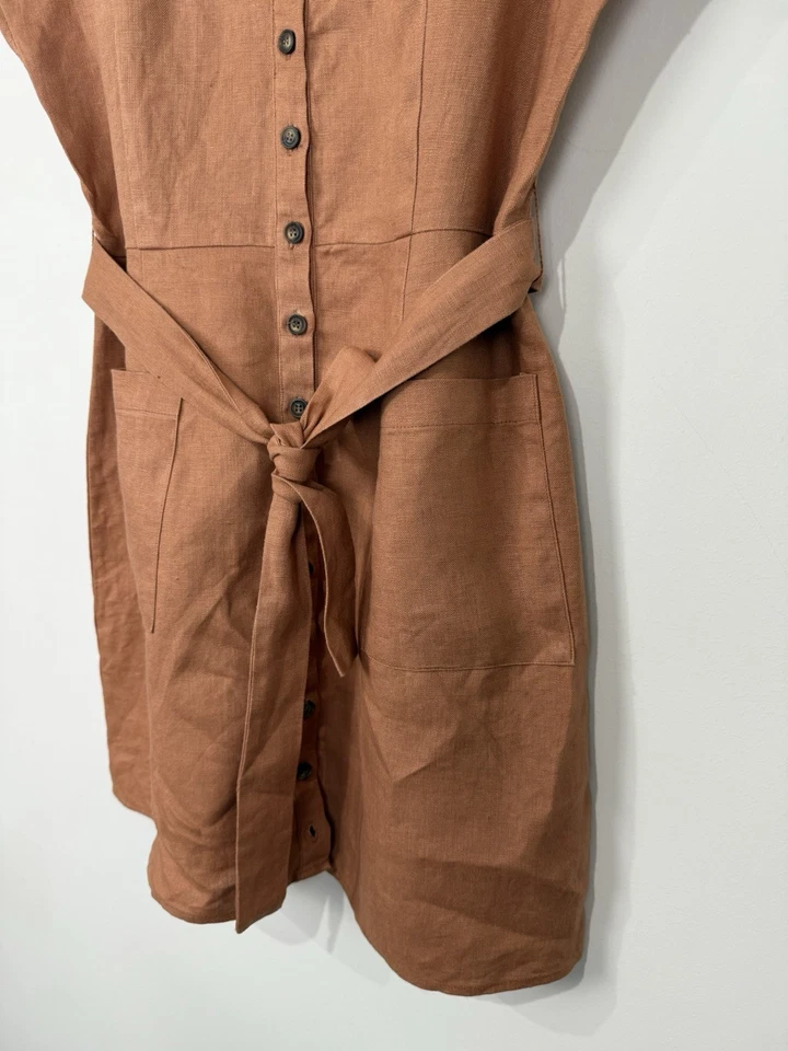 WISH 100% Linen Button Up Shirt Dress 12AU/UK 8US Terracotta Waist Tie Summer - image 4 of 4