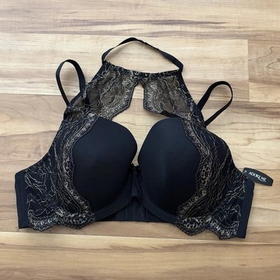Adore Me Black Gold Metallic Lace High Neck Push Up Bra 38DDD NWT