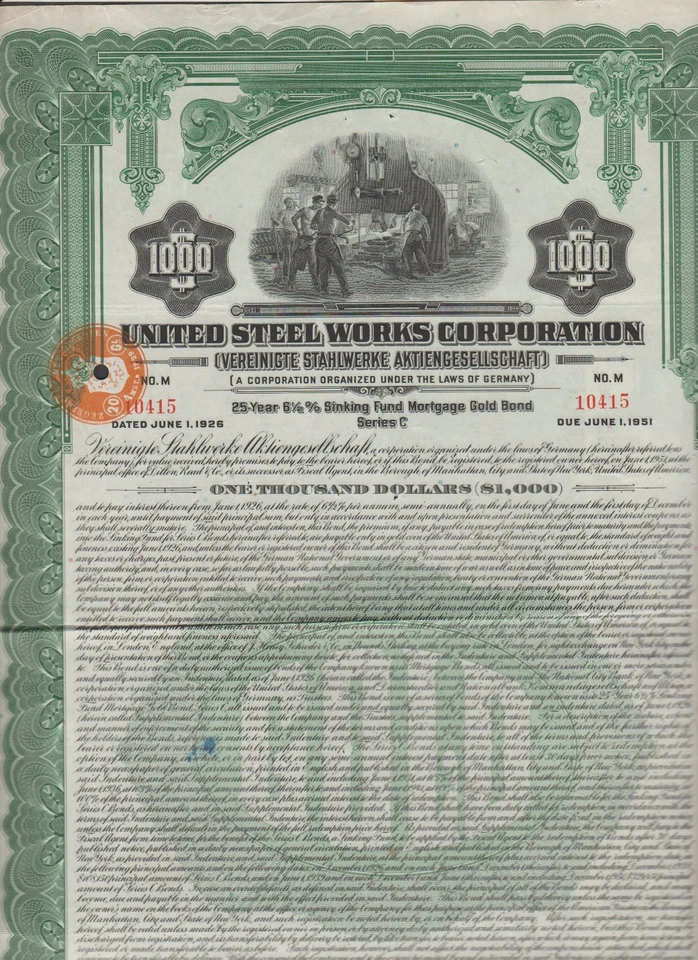 ✔️ USA RARE United Steel Works Corporation bond 1926. $1000 - Image 2 of 2