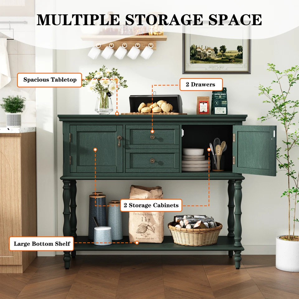 Sideboard Storage Dining Buffet Cabinet Console Table with Shelf&Drawers Green - Image 4 of 4