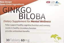 GSL Mental Wellness  Supplement Ginkgo Biloba Lot of 1 to 6 (30 Tablets) Each*