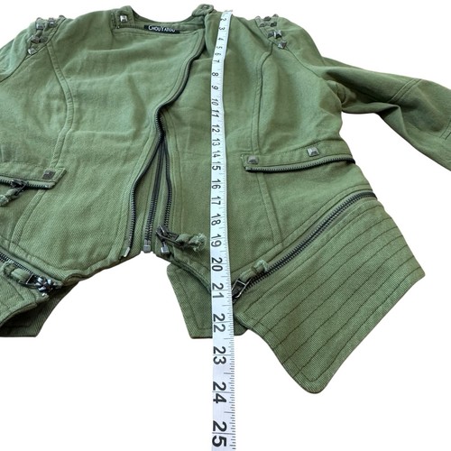 Women Fitted Studded Olive Grn Jean Jacket Mad Max Futuristic Grunge Medium - Picture 10 of 12