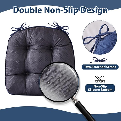 Comfortable Tufted Chair Pads with Ties - Indoor Cushions, Navy Blue, 4-Pack - Picture 6 of 9