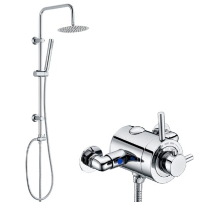 Chrom konzentrische Aufputz Thermostat Dusche Mischbatterie + runde 2-Wege starre Steigleitung Kit