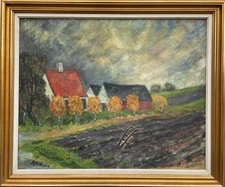 Expressionist Modern Landscape Farmhouses Field Clouds Sky Denmark