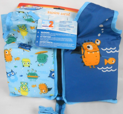 SwimWays Swim Vest 2-4 Years Padded Zip up Tab Fish Waves Blue