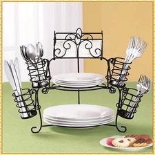7-Pc Buffet Picnic Caddy Stackable Set Plate Napkin Utensil Holder Organizer