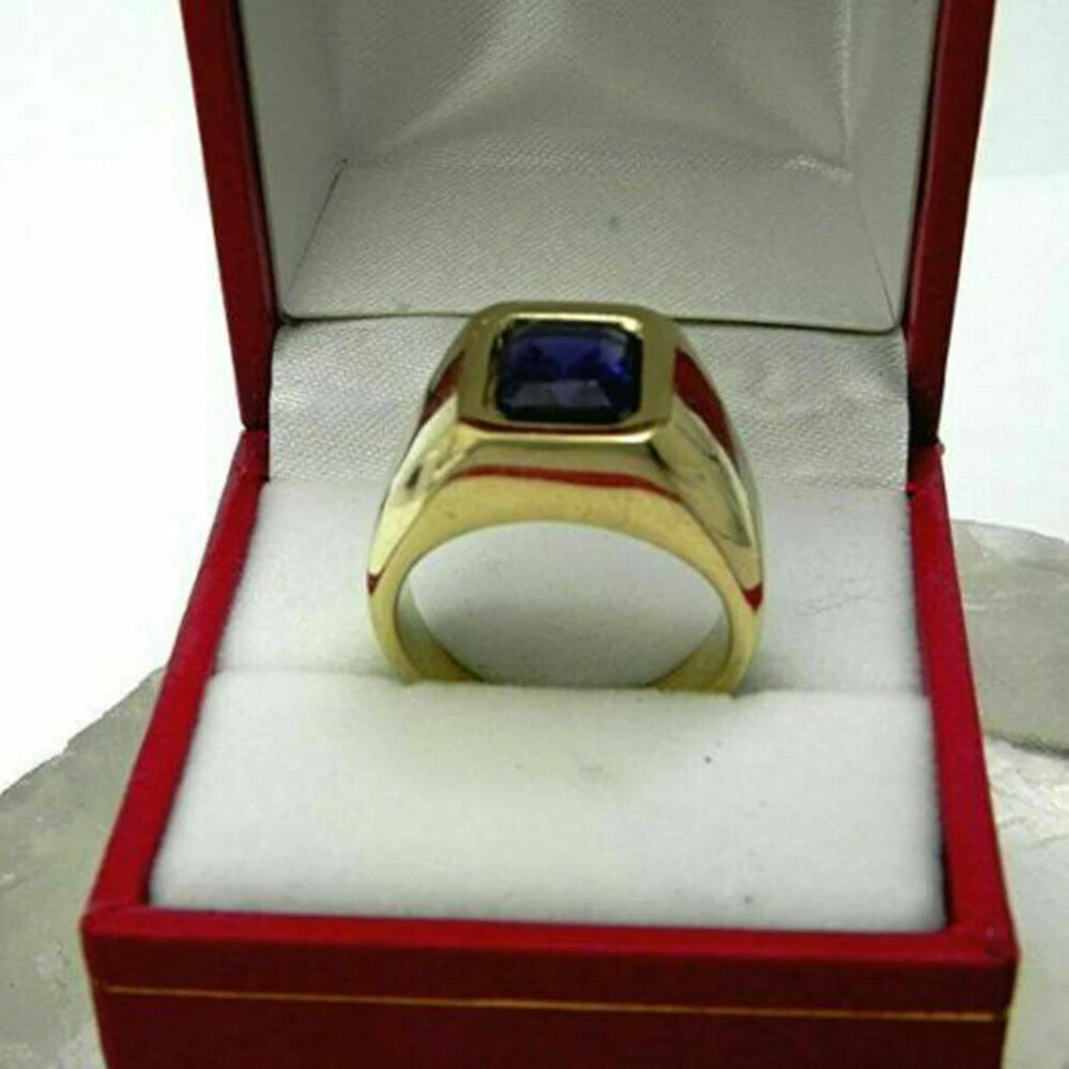 Herren Ring Siegelring 3,80Kt Blau Smaragd Verlobungsring Gelbgold-Finish Silber - Bild 2 von 4