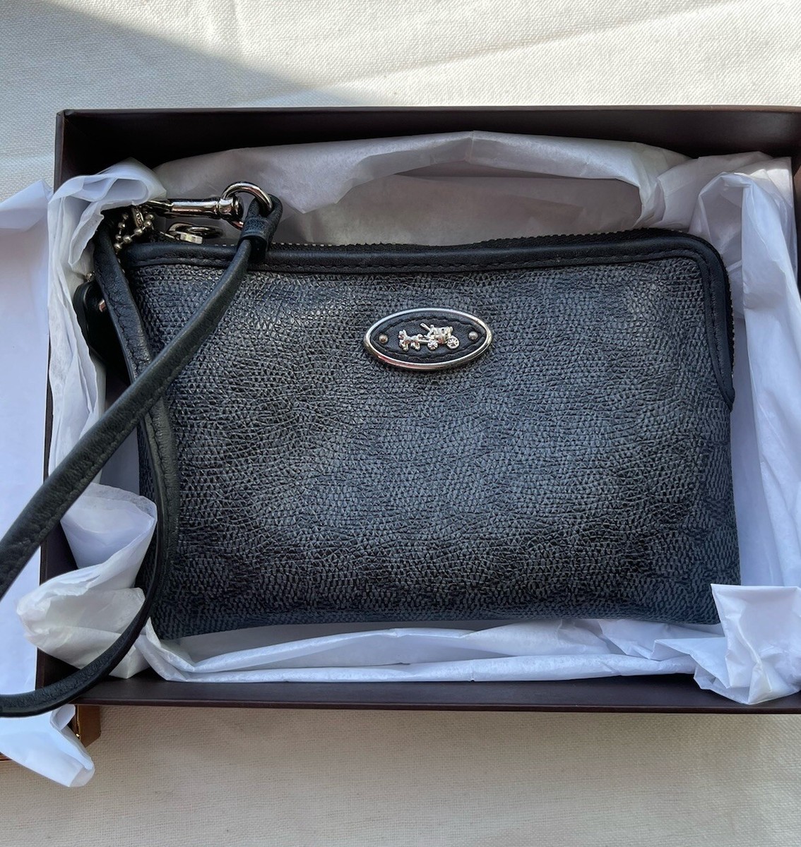 COACH Dark Grey Monogram Canvas Corner Zipper Logo Button Brand
