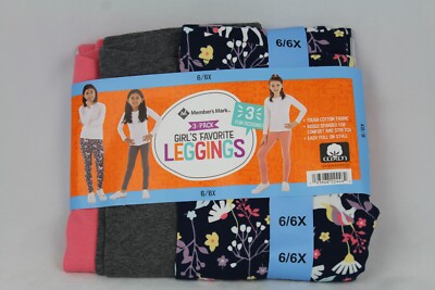 Members Mark 3pack Girls Favorite Leggings 6/6X Unicorn Print, Grey, Rose Sand