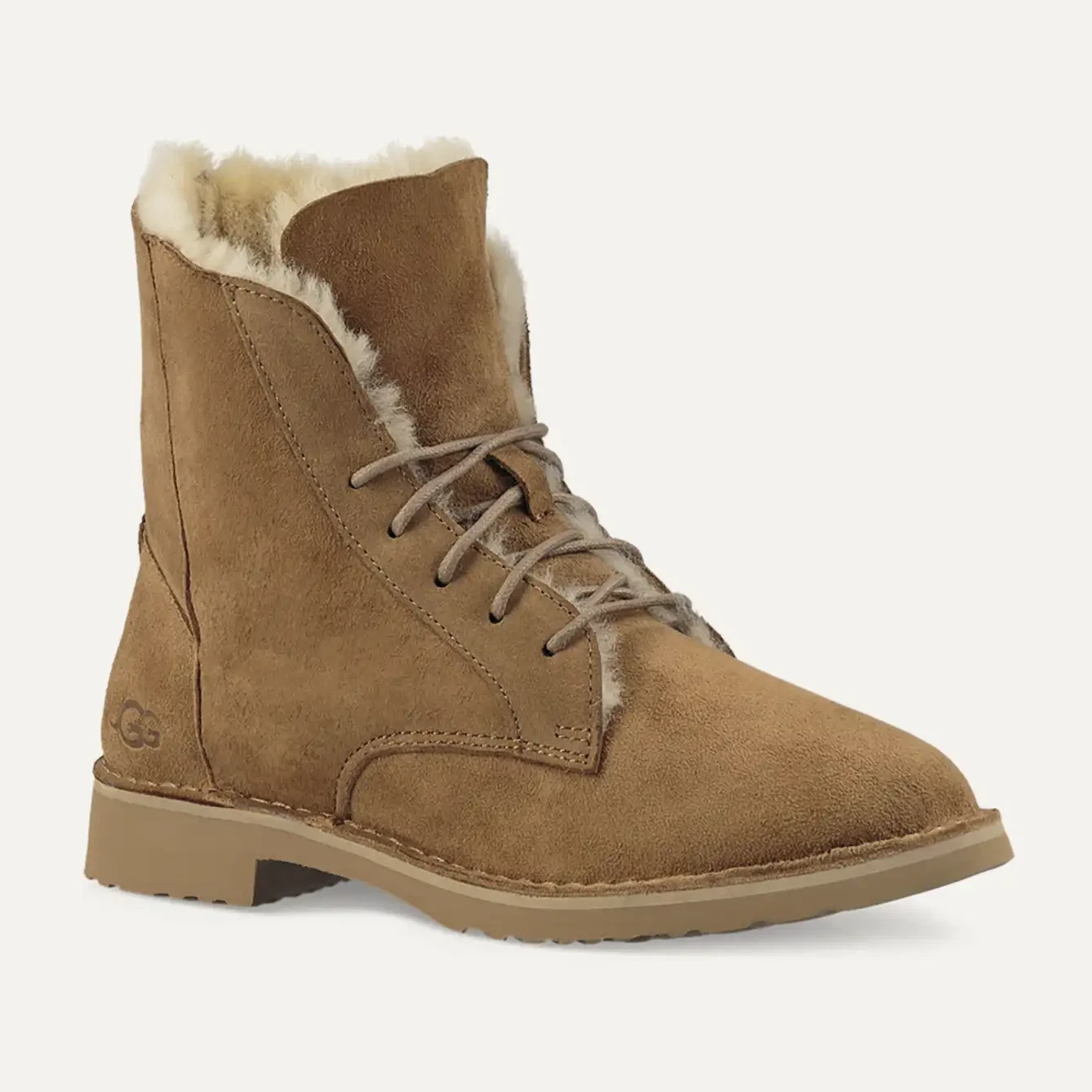 NUOVO UGG stivaletto donna Quincy US 6 5 pelle di pecora castagno stringato sopra lo stivaletto