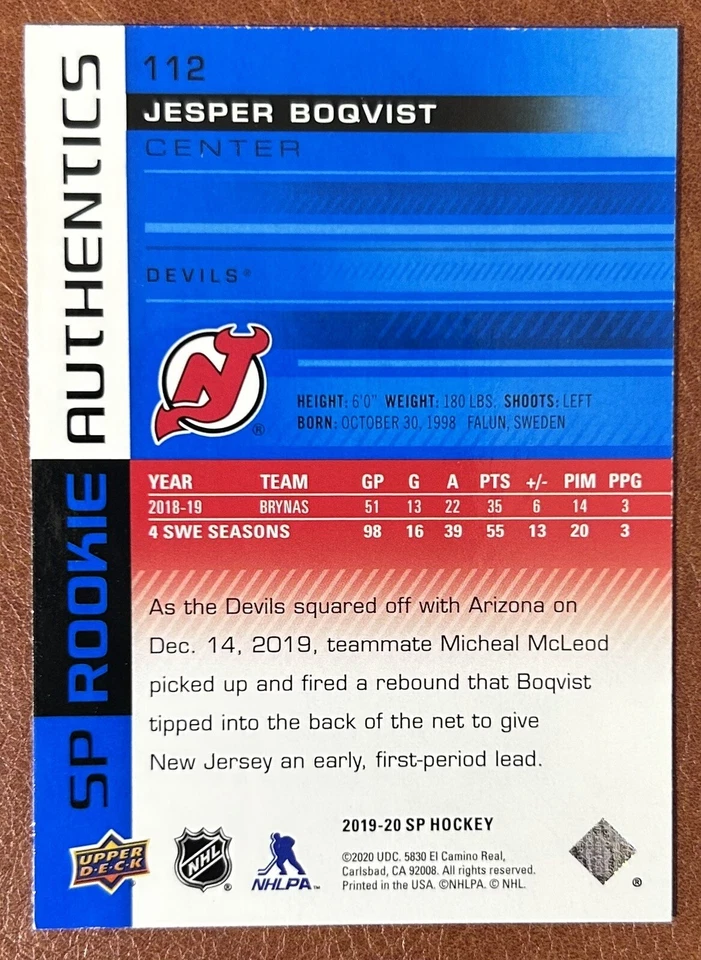 2019-20 SP Rookie Authentics Jesper Boqvist Blue Foil Parallel #112 - Image 2 of 2