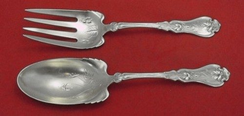 Violet by Whiting Sterling Silver Salad Serving Set 2-Piece AS w/ Flowers 9 1/8" - Picture 1 of 2