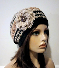 crochet womans handmade flower hat beanie rattan brown puffs