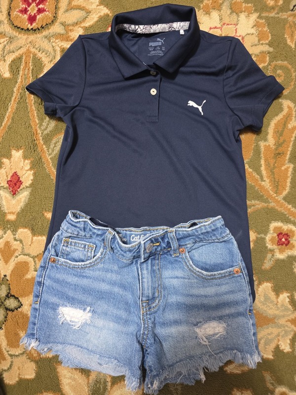 Girls Sz 6-7 Puma Logo Polo And Distressed Denim Shorts Outfit