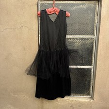 Vintage 1920s 1930s Black Satin  Tulle Dress Ballerina Gown Simple Deco