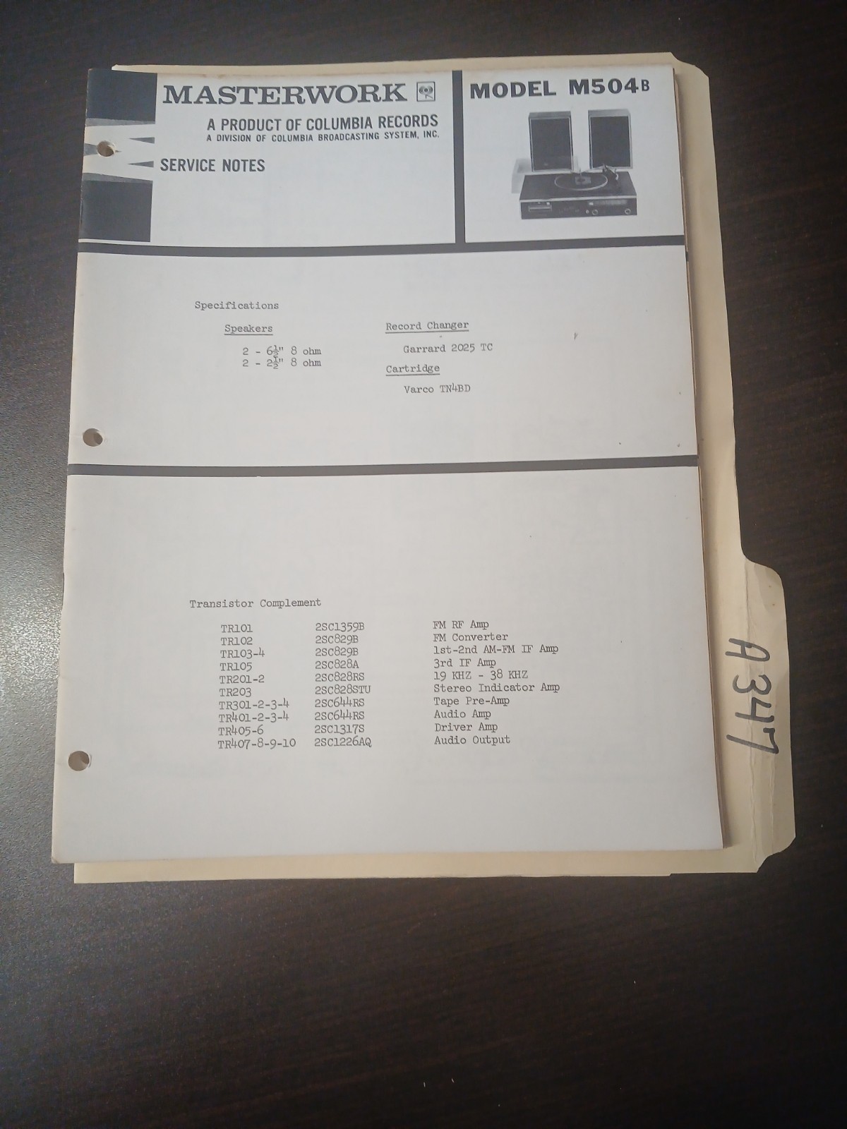 Masterwork M504B Garrard 2025 TC Service Manual Original Repair Book Record Play