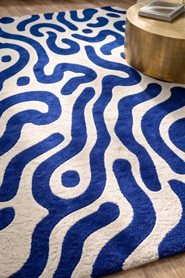 Hand Tufted Wool Area Rug Blue & White | Modern Abstract Cut Pile Rug | Luxury